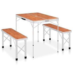 vidaXL foldbart campingbord med 2 b&aelig;nke aluminium brun