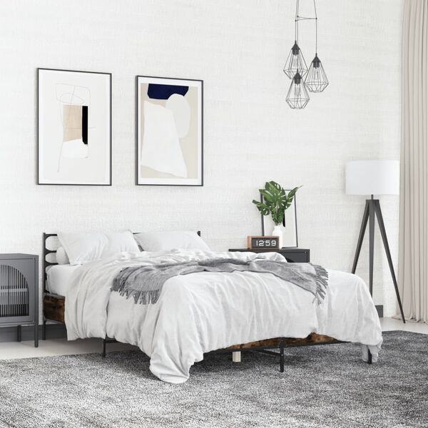 vidaXL sengestel 135x190cm konstrueret tr&aelig; og metal r&oslash;get egetr&aelig;sfarve