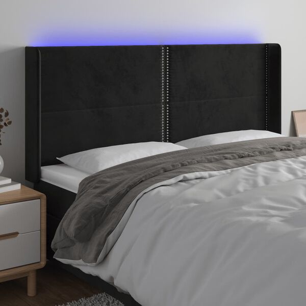 vidaXL sengegavl med LED-lys 163x16x118/128 cm fl&oslash;jl sort