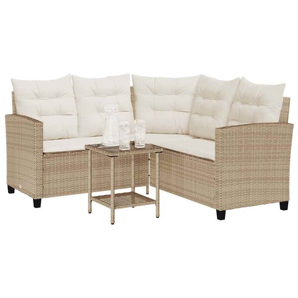 vidaXL havesofa med bord og hynder L-formet polyrattan beige