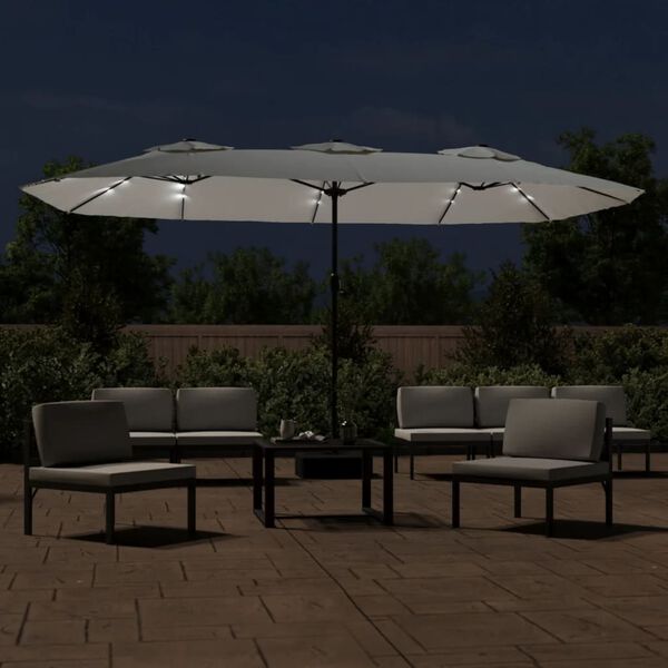 vidaXL parasol med dobbelt parasoldug og LED-lys 449x265 cm sandhvid