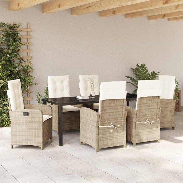 vidaXL Have Spisebordss&aelig;t med pude 7 pcs Beige polyrattan