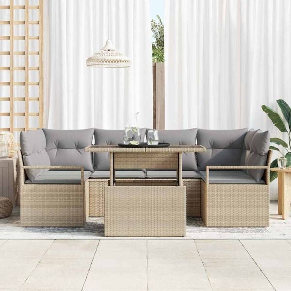 vidaXL Havesofa S&aelig;t med opbevaring med pude 7 pcs Beige polyrattan