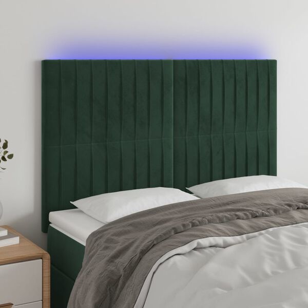 vidaXL sengegavl med LED-lys 144x5x118/128 cm fl&oslash;jl m&oslash;rkegr&oslash;n