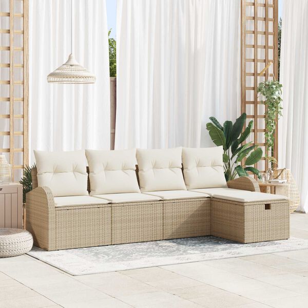 vidaXL Havesofa S&aelig;t med pude med opbevaring 5 pcs Beige Poly rattan