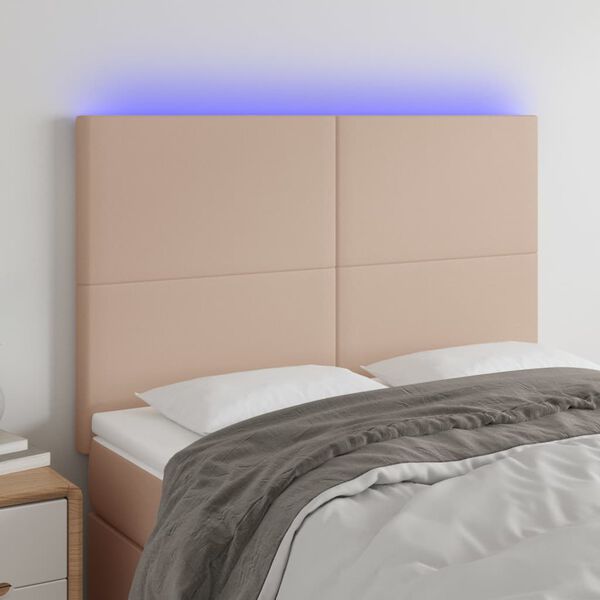 vidaXL sengegavl med LED-lys 144x5x118/128 cm kunstl&aelig;der cappuccino