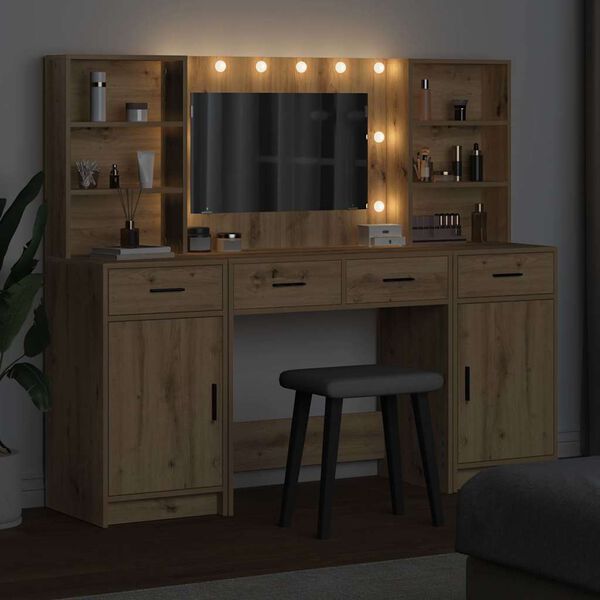 vidaXL Makeupbord s&aelig;t med LED 3 pcs Artisan Egetr&aelig; Konstrueret tr&aelig;