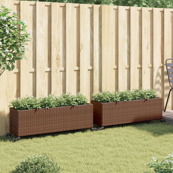 vidaXL plantekasser 2 stk. med hjul 107x32x38 cm polyrattan brun
