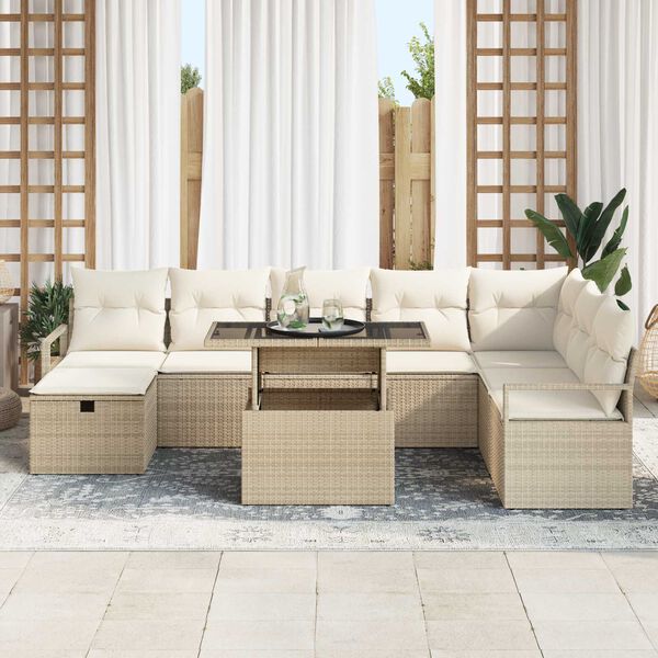 vidaXL Havesofa Sæt med pude med opbevaring 9 pcs Beige Poly rattan