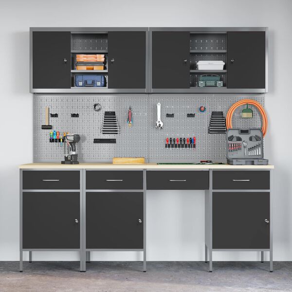 vidaXL Arbejdsskab med skuffe med l&aring;s 10 pcs Sort Ingeni&oslash;rtr&aelig; og st&aring;l