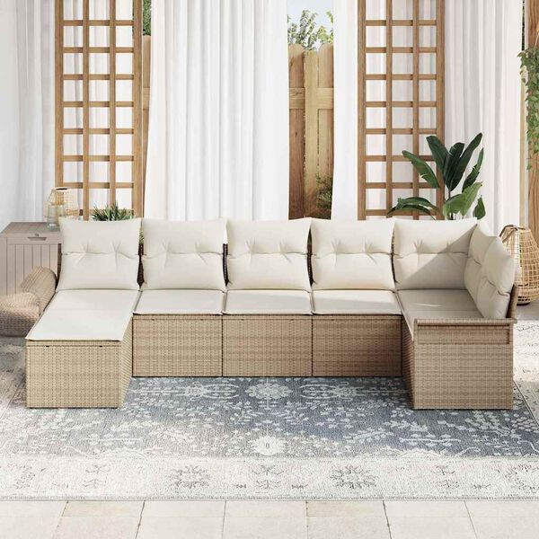 vidaXL Havesofa S&aelig;t med pude 7 pcs Beige polyrattan