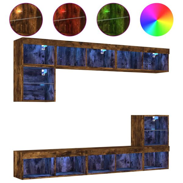 vidaXL tv-m&oslash;bel til v&aelig;g 8 dele med LED-lys konstrueret tr&aelig; r&oslash;get eg