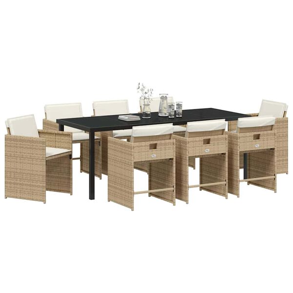 vidaXL Have Spisebordss&aelig;t med pude 9 pcs Beige polyrattan