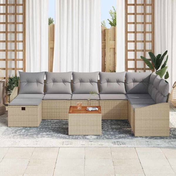 vidaXL Havesofa S&aelig;t med pude med opbevaring 9 pcs Beige Poly rattan