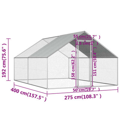 vidaXL udendørs hønsebur 2,75x4x1,92 m galvaniseret stål