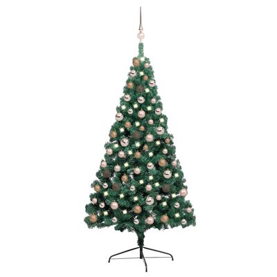 vidaXL kunstigt halvt juletræ med lys og kuglesæt 150 cm grøn