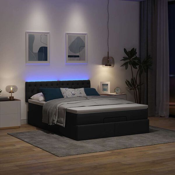 vidaXL ottoman seng med madras & LEDs 140x190 cm stof Sort
