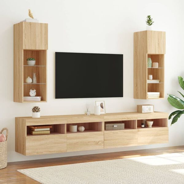 vidaXL tv-borde 2 stk. med LED-lys 30,5x30x90 cm sonoma-eg