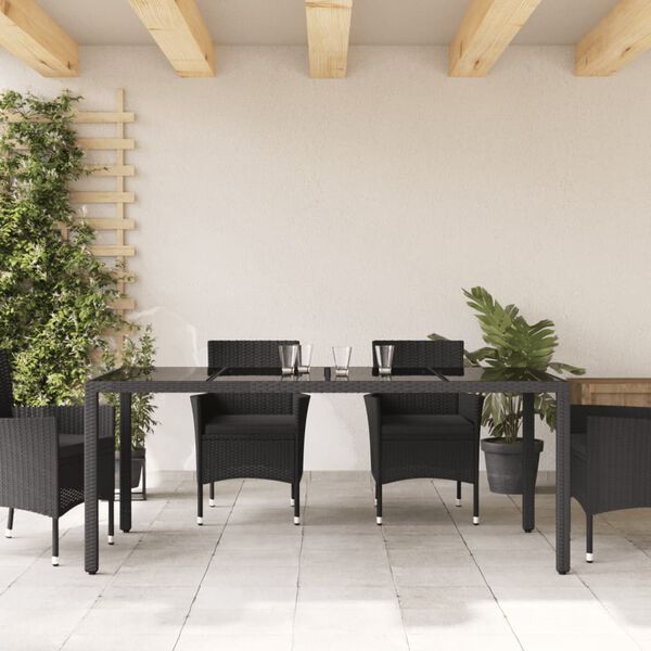vidaXL havebord med glastop 150x90x75 cm polyrattan sort