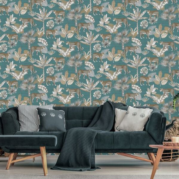 DUTCH WALLCOVERINGS tapet Leopard bl&aring; og beige