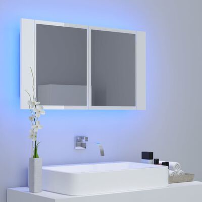 vidaXL badeværelsesskab m. spejl+LED-lys 80x12x45 akryl hvid højglans