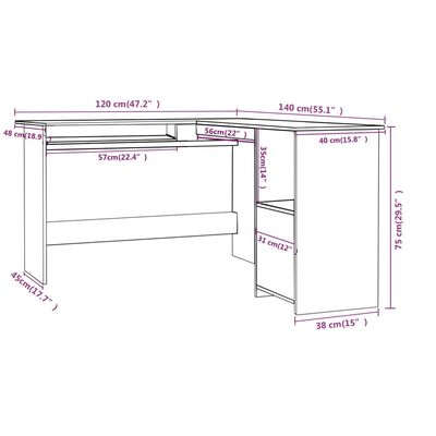 vidaXL L-formet skrivebord 120x140x75 cm konstrueret træ grå