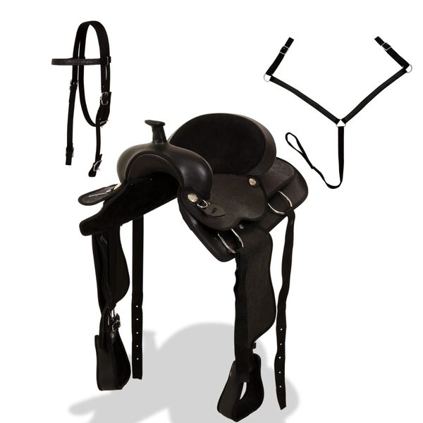 vidaXL westernsadel hovedt&oslash;j og brystkrave &aelig;gte l&aelig;der 16" sort