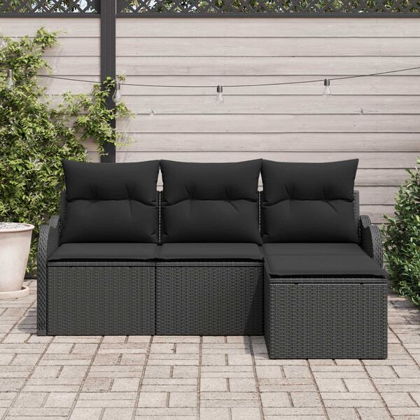 vidaXL Havesofa Sæt med opbevaring 4 pcs Sort polyrattan