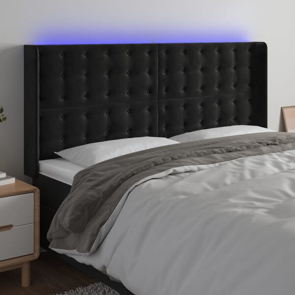 vidaXL sengegavl med LED-lys 163x16x118/128 cm fl&oslash;jl sort