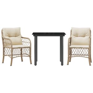 vidaXL bistros&aelig;t til haven 3 dele med hynder polyrattan beige
