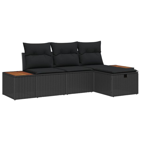 vidaXL Havesofa S&aelig;t med pude med opbevaring 4 pcs Sort polyrattan