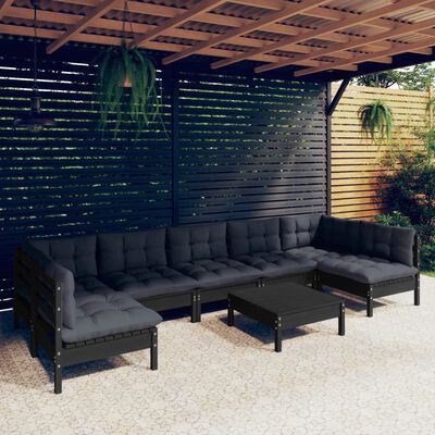 vidaXL loungesæt til haven 8 dele med hynder massivt fyrretræ sort