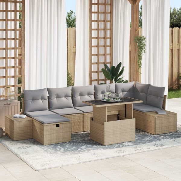 vidaXL Havesofa S&aelig;t med pude med opbevaring 8 pcs Beige Poly rattan
