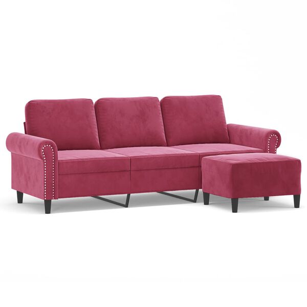 vidaXL 3-personers sofa med fodskammel 180 cm velour vinrød