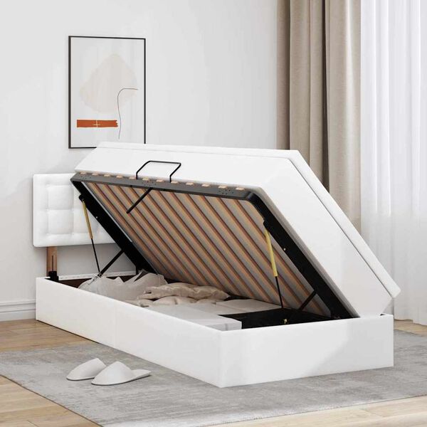 vidaXL Seng med opbevaring og LED Ren Hvid 90 x 200 cm Faux l&aelig;der