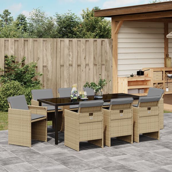 vidaXL Have Spisebordss&aelig;t med pude 9 pcs Beige polyrattan