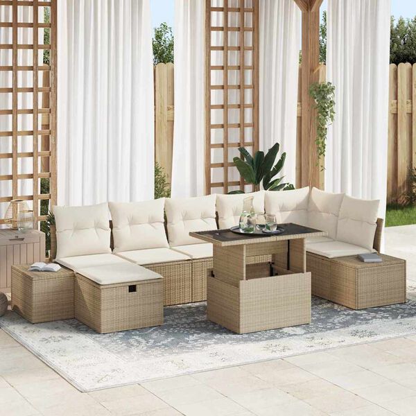 vidaXL Havesofa S&aelig;t med pude med opbevaring 8 pcs Beige Poly rattan