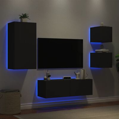 vidaXL tv-møbel til væg med LED-lys 4 dele sort