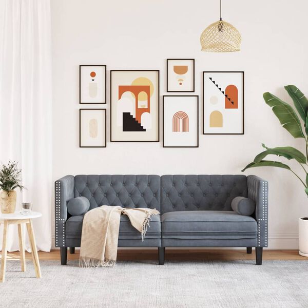 vidaXL 2-personers Chesterfield-sofa med bolsterpuder fl&oslash;jl m&oslash;rkegr&aring;