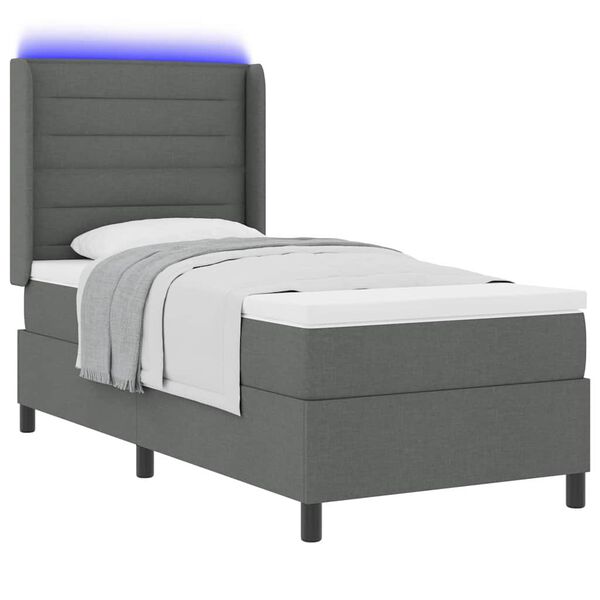 vidaXL LED Box Spring Bed med madras M&oslash;rkegr&aring; 90 x 190 cm Stof