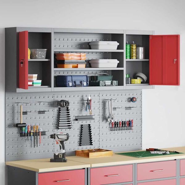 vidaXL V&aelig;rkt&oslash;jsskab og Pegboard S&aelig;t 6 pcs R&oslash;d 150 x 20 x 115 cm St&aring;l