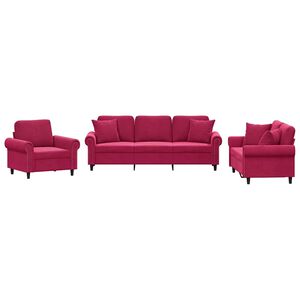 vidaXL sofas&aelig;t 3 dele med puder velour vinr&oslash;d
