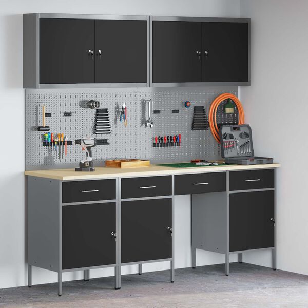 vidaXL Arbejdsskab med skuffe med l&aring;s 10 pcs Sort Ingeni&oslash;rtr&aelig; og st&aring;l