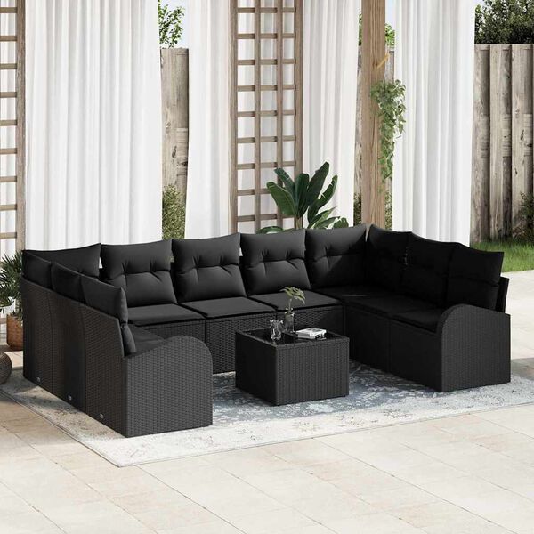 vidaXL Sofa S&aelig;t med pude 10 pcs Sort Poly Rattan