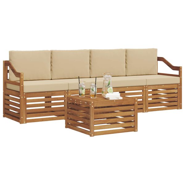 vidaXL Sofas&aelig;t med pude 5 pcs Natur og Beige Massivt Akacietr&aelig;