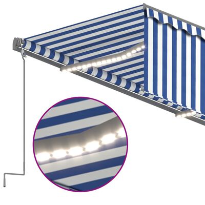 vidaXL markise m. gardin + LED 5x3 m manuel betjening blå og hvid