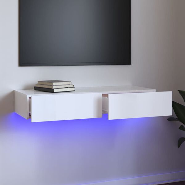 vidaXL tv-skab med LED-lys 90x35x15,5 cm hvid h&oslash;jglans