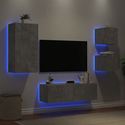 vidaXL tv-møbel til væg med LED-lys 4 dele betongrå
