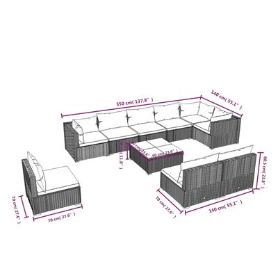 vidaXL loungesæt til haven 10 dele med hynder polyrattan brun