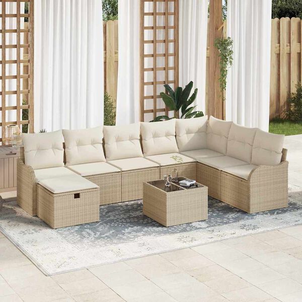 vidaXL Havesofa S&aelig;t med pude med opbevaring 9 pcs Beige Poly rattan